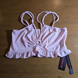 Romwe Kawaii Heart Ring Peony Pink Ruffle Crop Top NWT